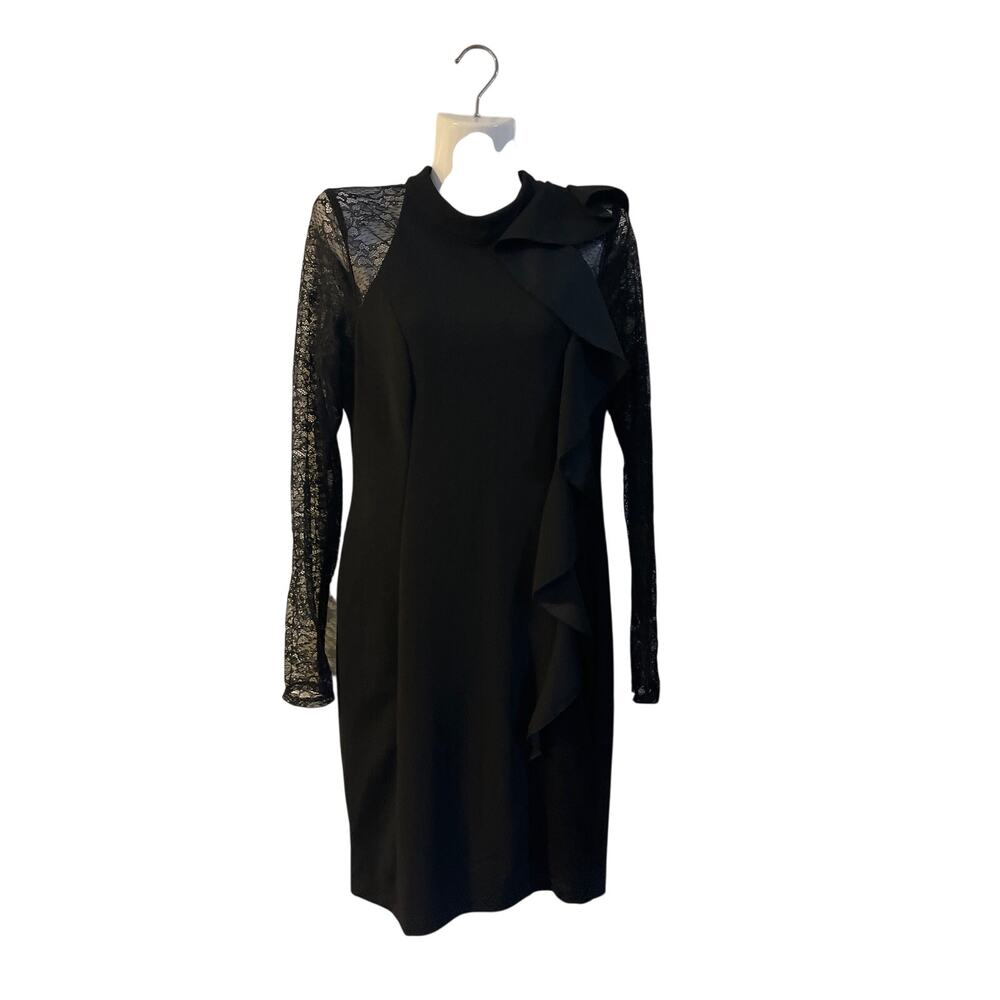 Bebe Black Cocktail Sheath Dress Sheer Floral Lace Long Sleeves SZ 8 Party Chic